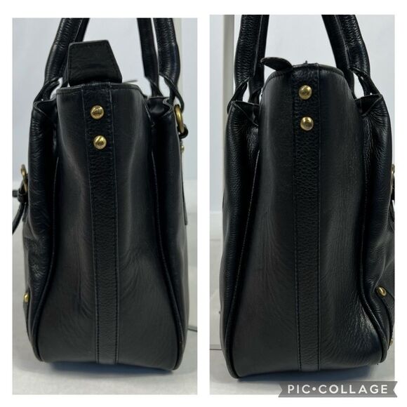 Findig Black Leather Dual Handle Gold Lining 3 Compartment Shoulder Bag 14” x 9” - Picture 2 of 11